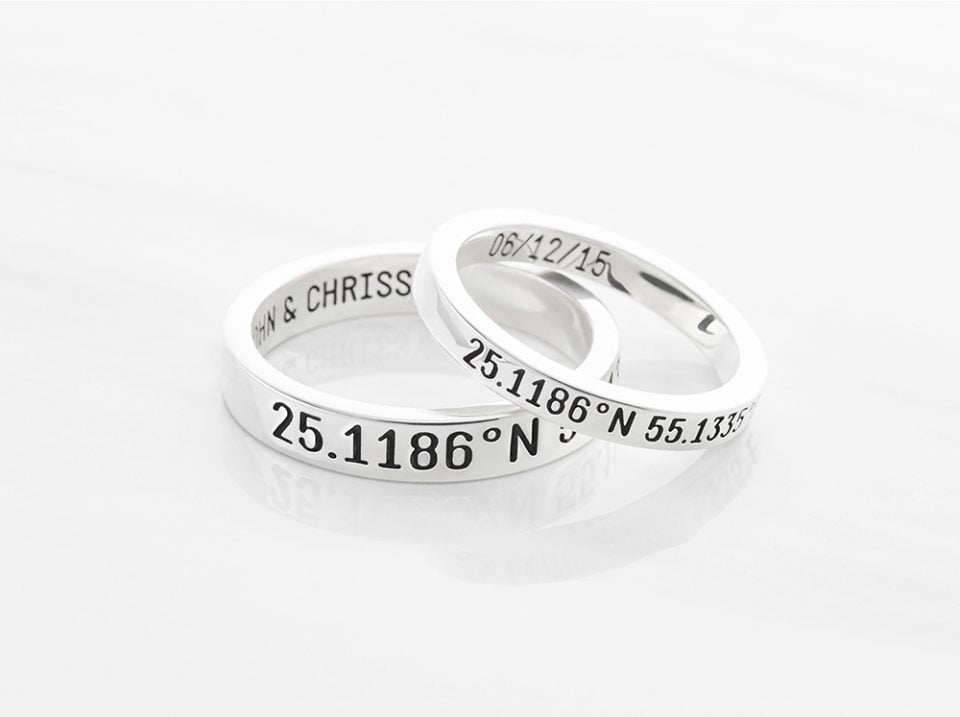 Custom Coordinates Couple Ring Set of 2 Memorial Location Engraved Silver Thin for Her & Black Thick for Him Lifetime Stainless Steel Loved ones matching Bands